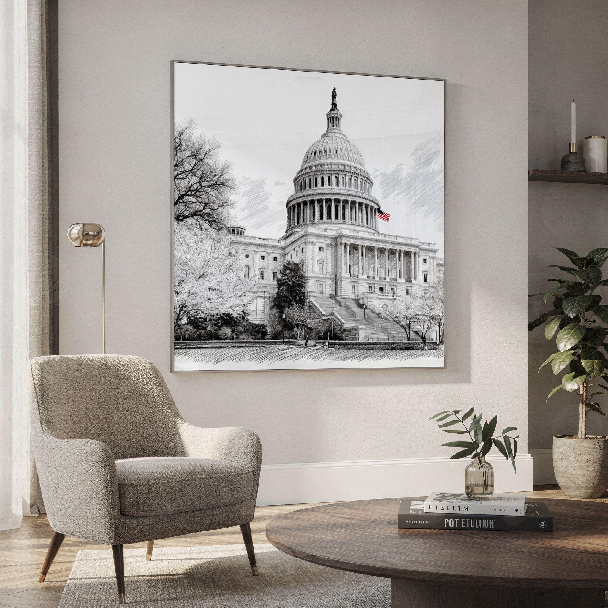 US Capitol Washington DC USA Pencil Sketch Print: Square Travel Art Poster - Image 2