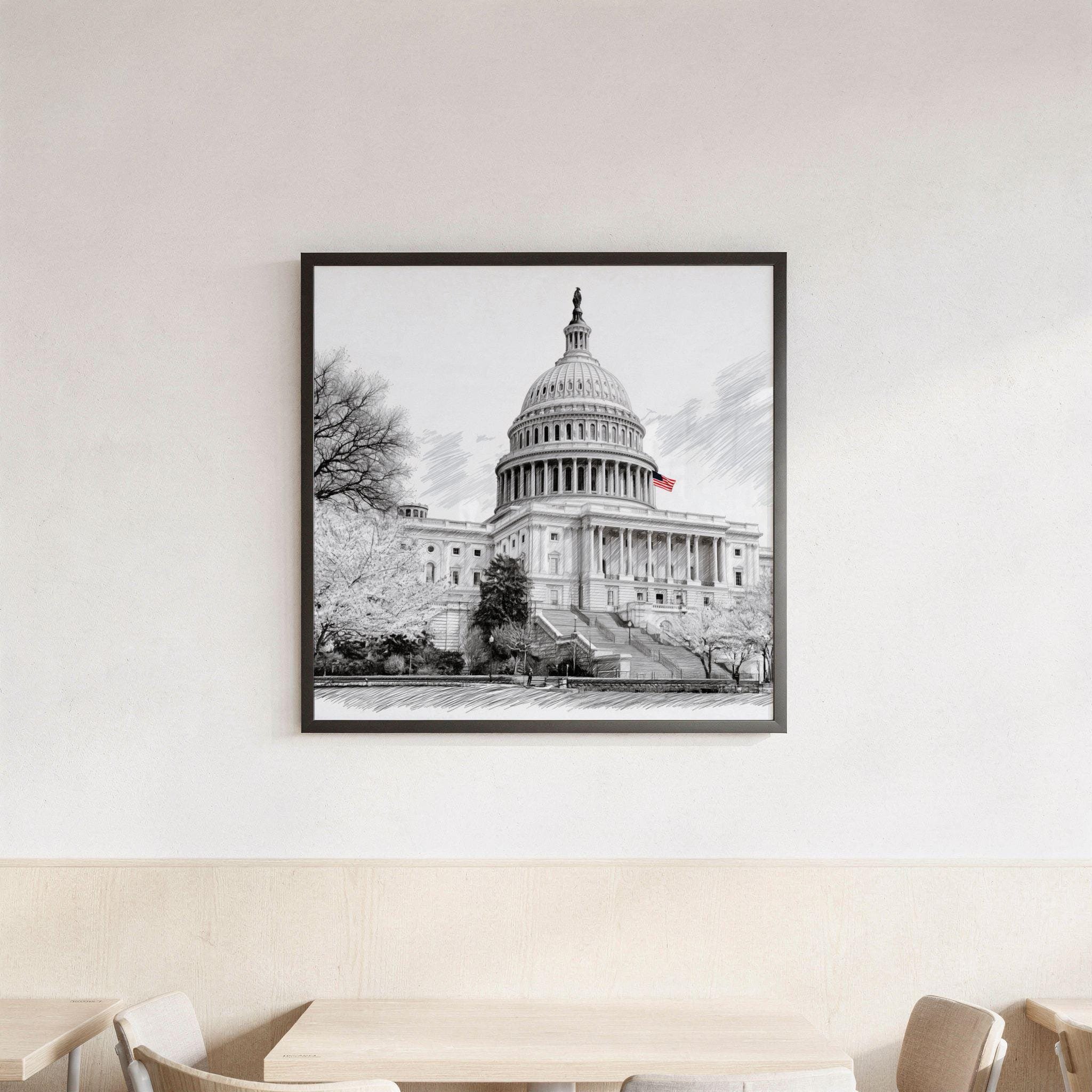 US Capitol Washington DC USA Pencil Sketch Print: Square Travel Art Poster - Image 3