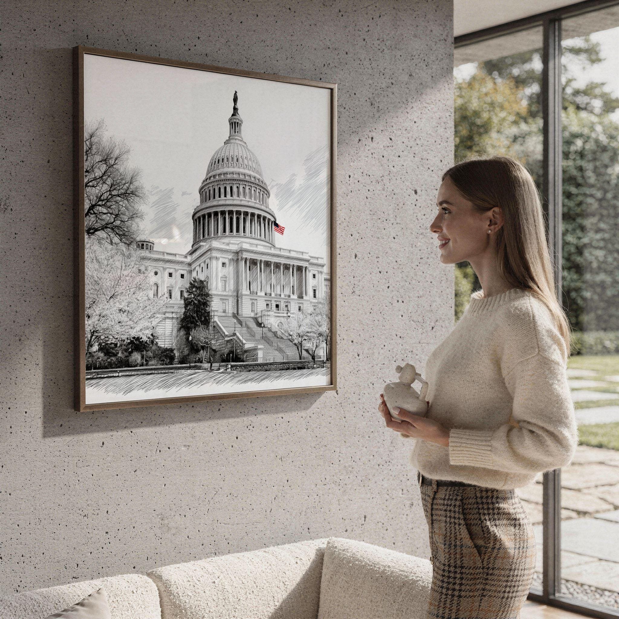 US Capitol Washington DC USA Pencil Sketch Print: Square Travel Art Poster - Image 4