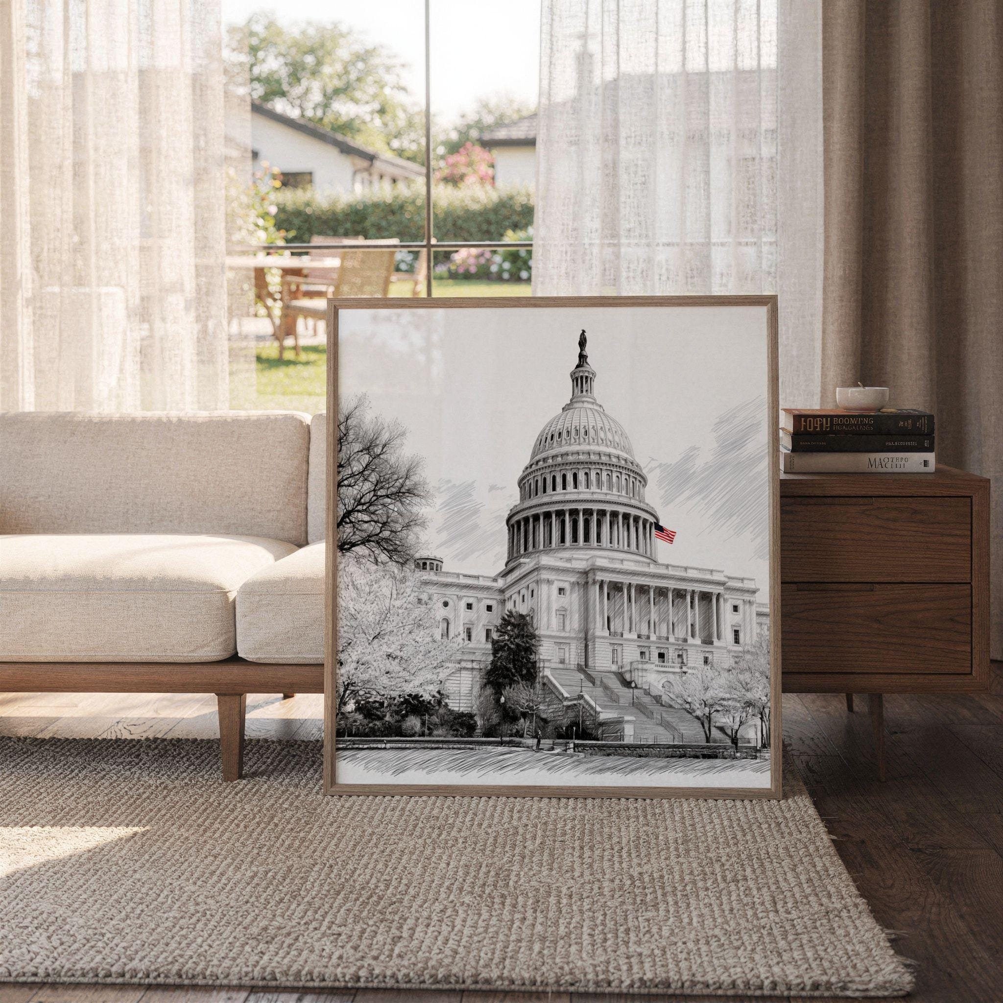 US Capitol Washington DC USA Pencil Sketch Print: Square Travel Art Poster - Image 6