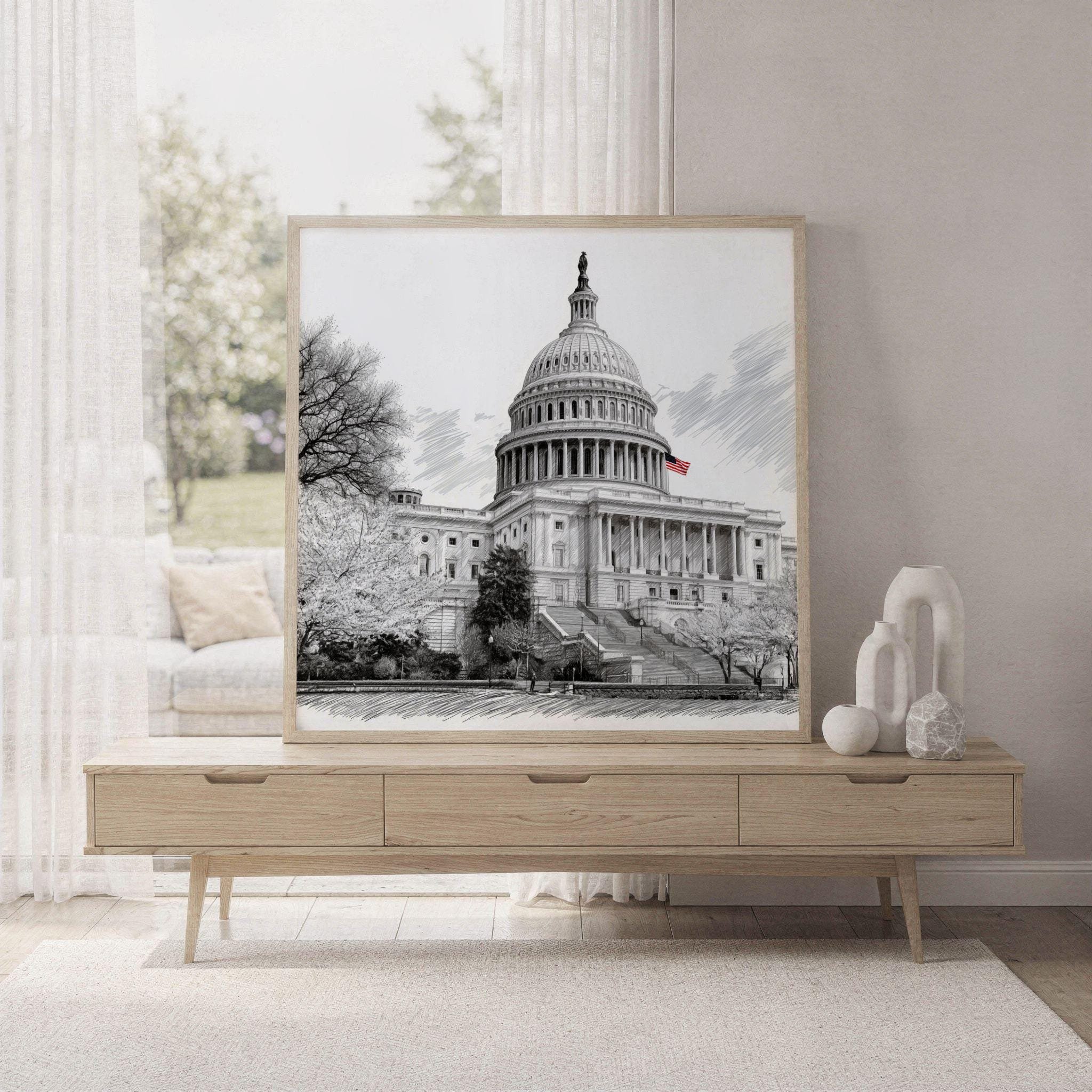 US Capitol Washington DC USA Pencil Sketch Print: Square Travel Art Poster - Image 7