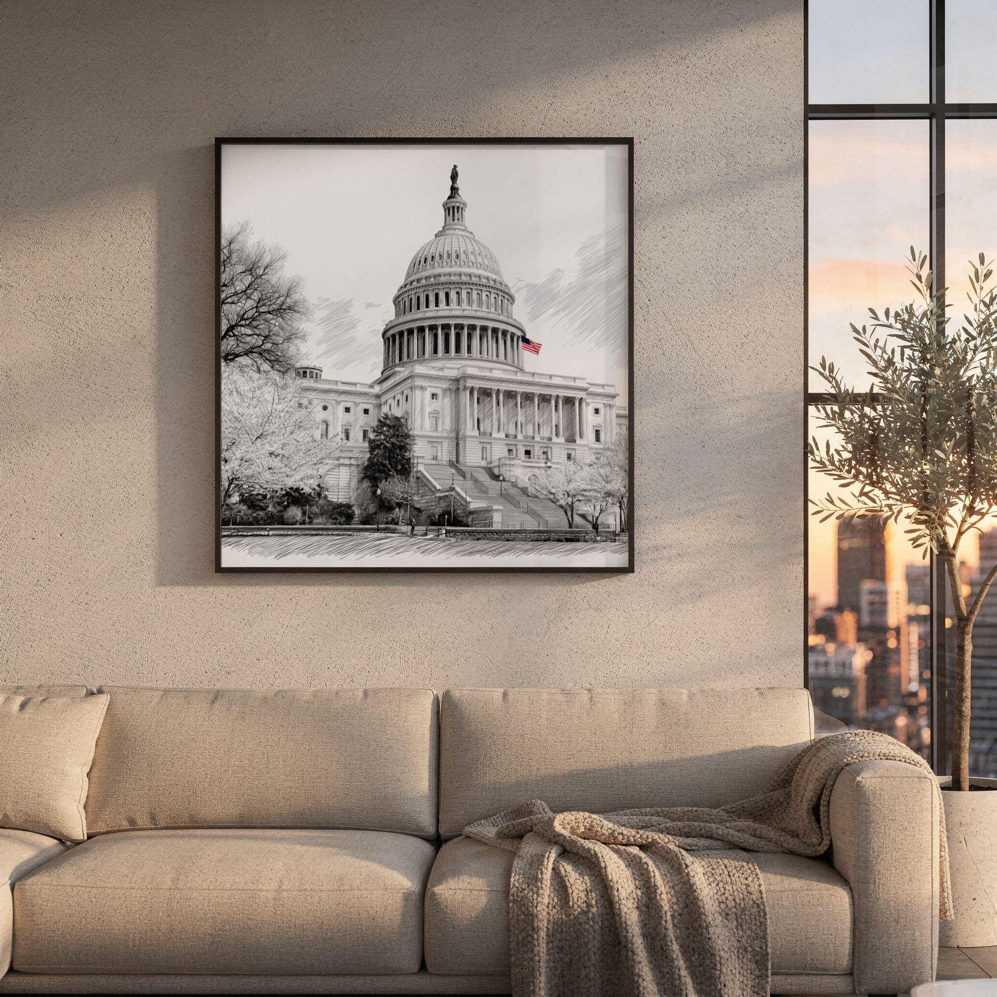US Capitol Washington DC USA Pencil Sketch Print: Square Travel Art Poster - Image 8