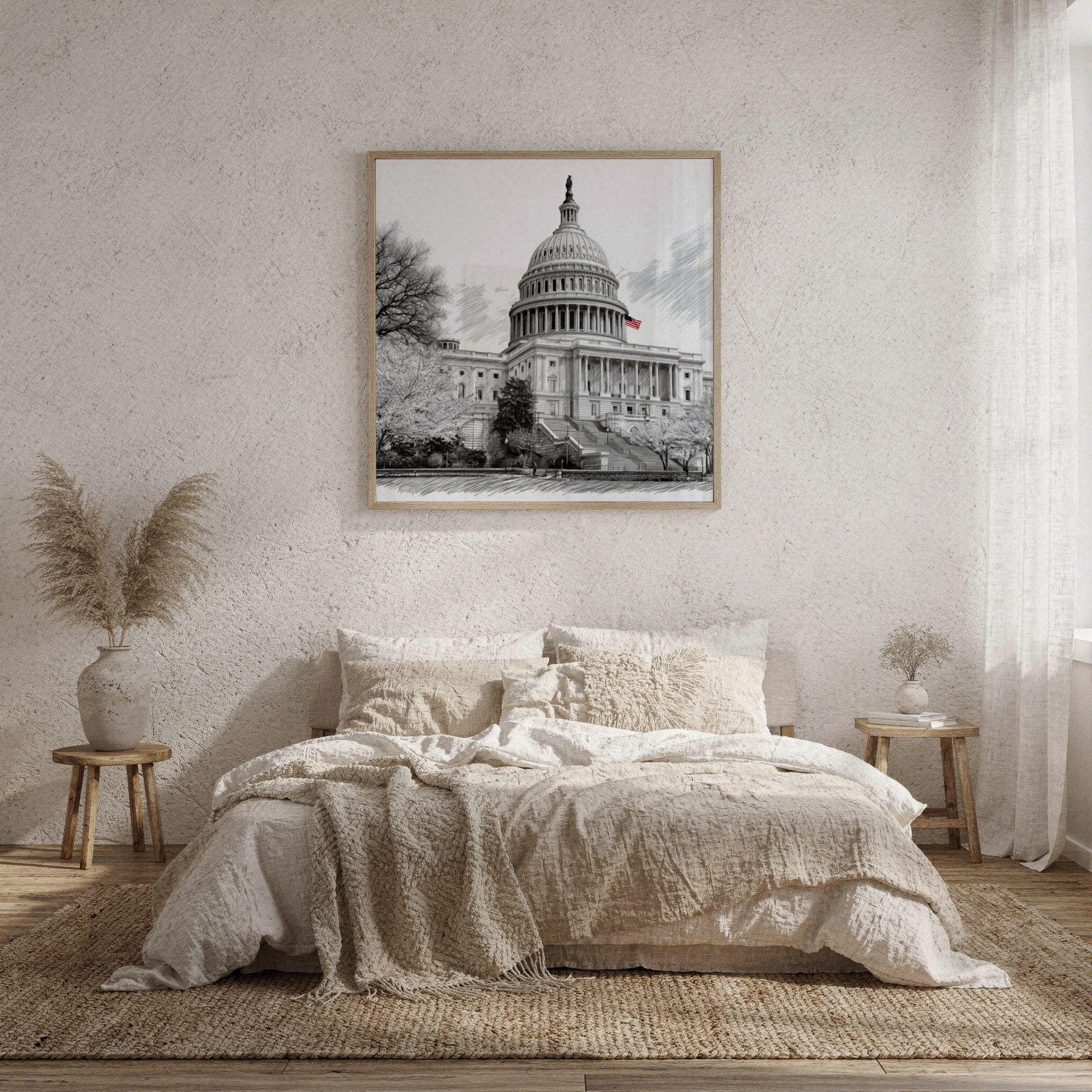 US Capitol Washington DC USA Pencil Sketch Print: Square Travel Art Poster - Image 9