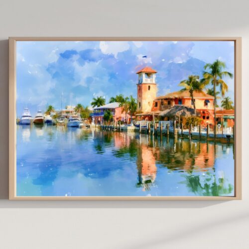 Key Largo Quayside Florida USA Watercolor Print: USA Travel Art Poster