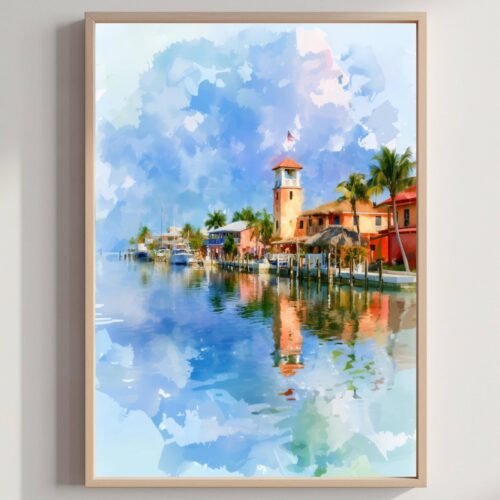 Key Largo Quayside Florida USA Watercolor Print: USA Travel Art Poster