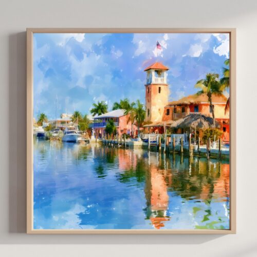 Key Largo Quayside Florida USA Watercolor Print: Square Travel Art Poster Square