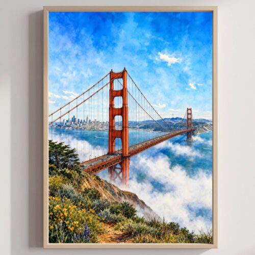 San Francisco Golden Gate Bridge California Watercolor Print: USA Travel Art Poster
