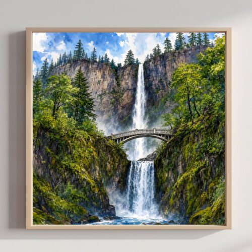 Multnomah Falls Benson Bridge Oregon Watercolor Print: USA Travel Art Poster