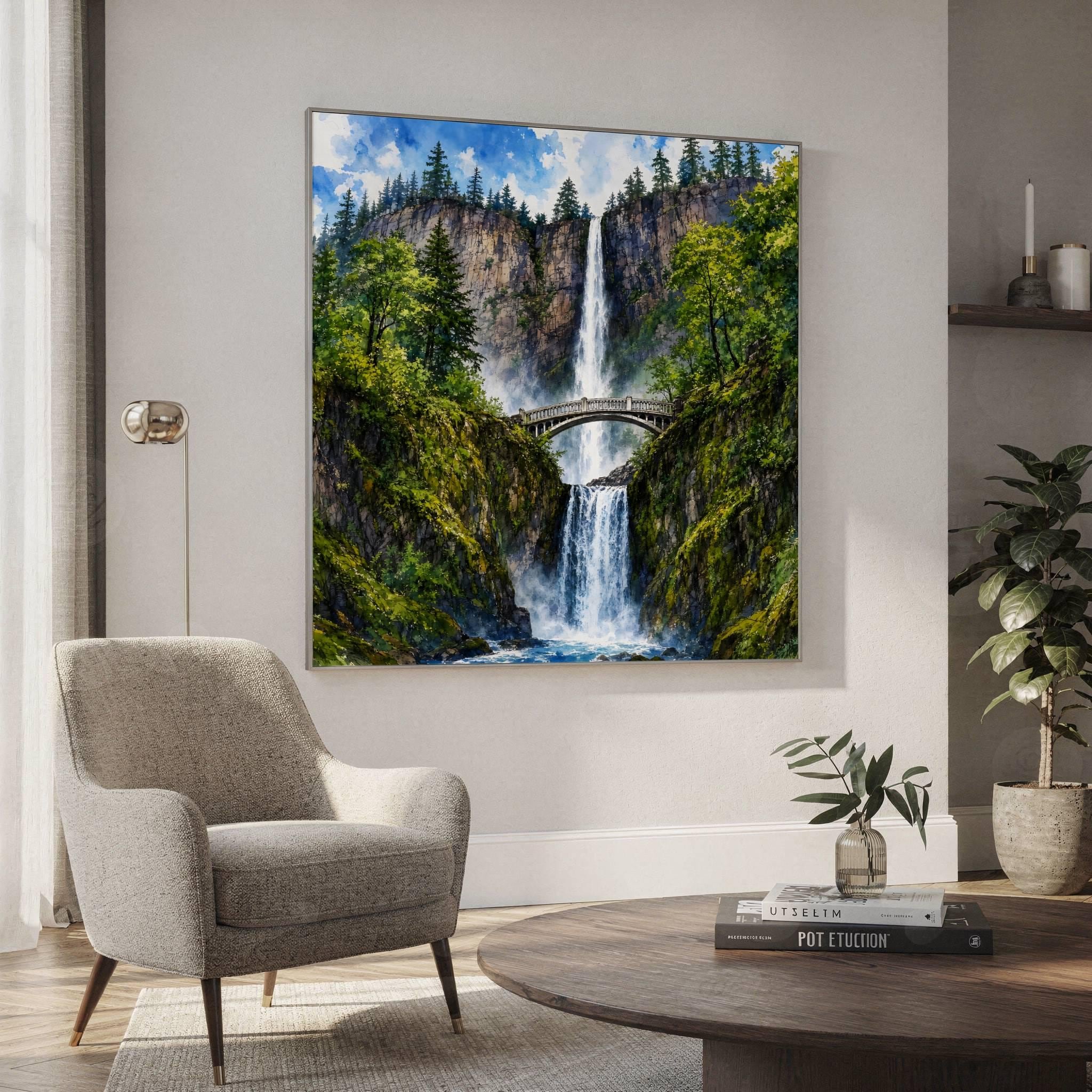 Multnomah Falls Benson Bridge Oregon Watercolor Print: USA Travel Art Poster - Image 2