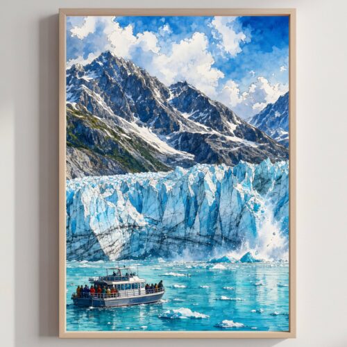Kenai Fjords Glacier National Park Alaska Watercolor Print: Vacation Travel Art Poster