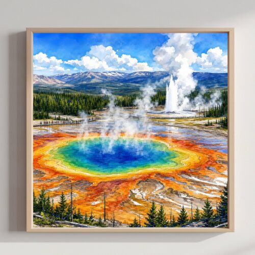 Yellowstone National Park Wyoming USA Watercolor Print: Vacation Travel Art Poster