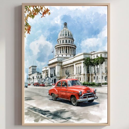 El Capitolio Havana Cuba Caribbean Watercolor Print: Travel Art Poster