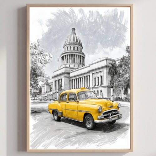 El Capitolio Havana Cuba Caribbean Pencil Sketch Print: USA Travel Art Poster