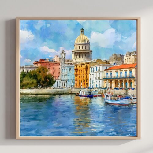 Old Havana Cuba Watercolor Print: Cuban Travel Art Poster Square