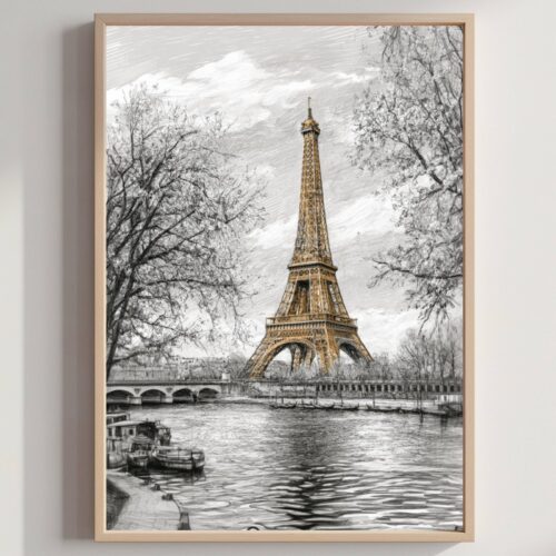 Eiffel Tower Paris France Pencil Sketch Print: French Travel Art Poster