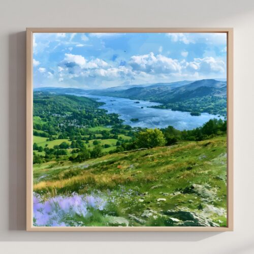 Lake Windermere Cumbria England Watercolor Print: Square Travel Art Poster