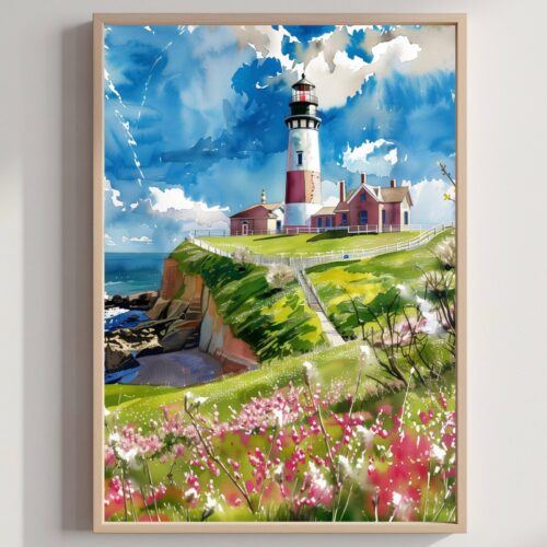 Montauk Point Lighthouse Long Island New York USA Watercolor Print: American Travel Art Poster