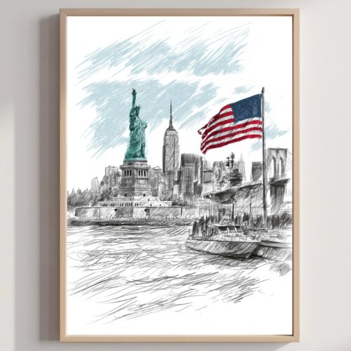 Statue of Liberty New York Pencil Sketch Print: USA Travel Art Poster