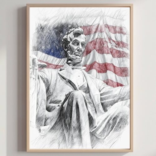 Abraham Lincoln Statue Washington DC Pencil Sketch Print: USA Travel Art Poster