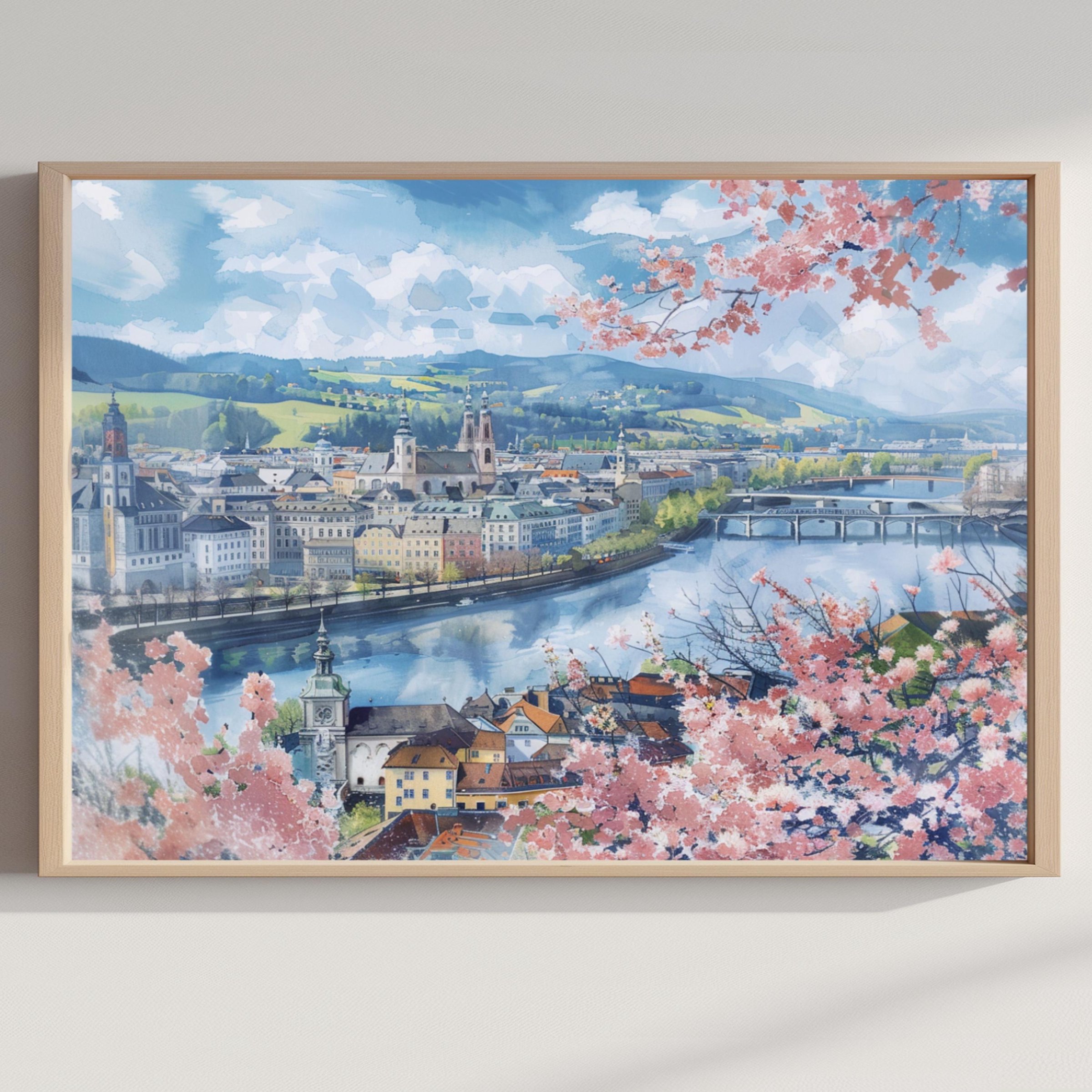 Linz Austria Watercolor Print: Europe Travel Art Poster