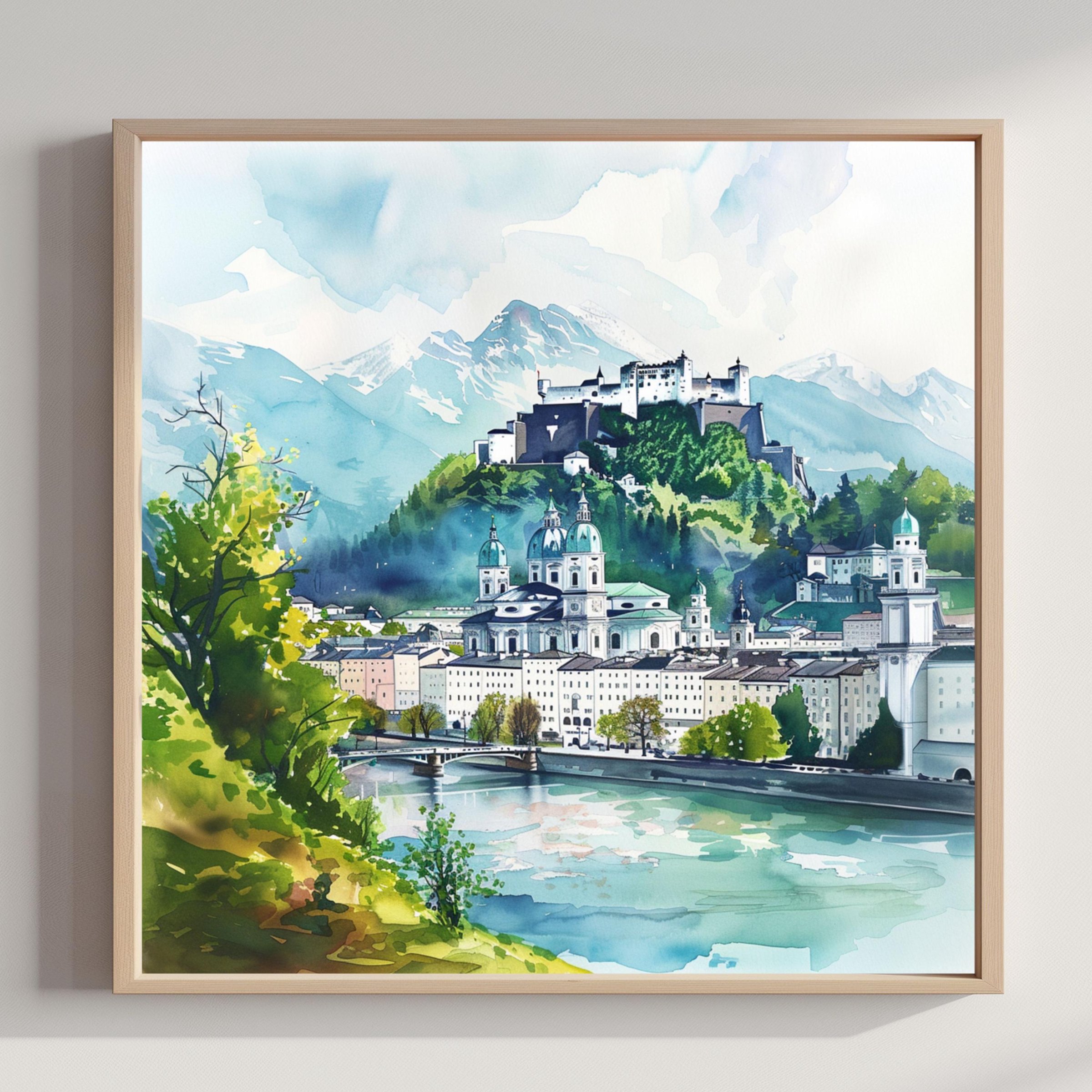 Salzburg Austria Watercolor Print: Square Travel Art Poster
