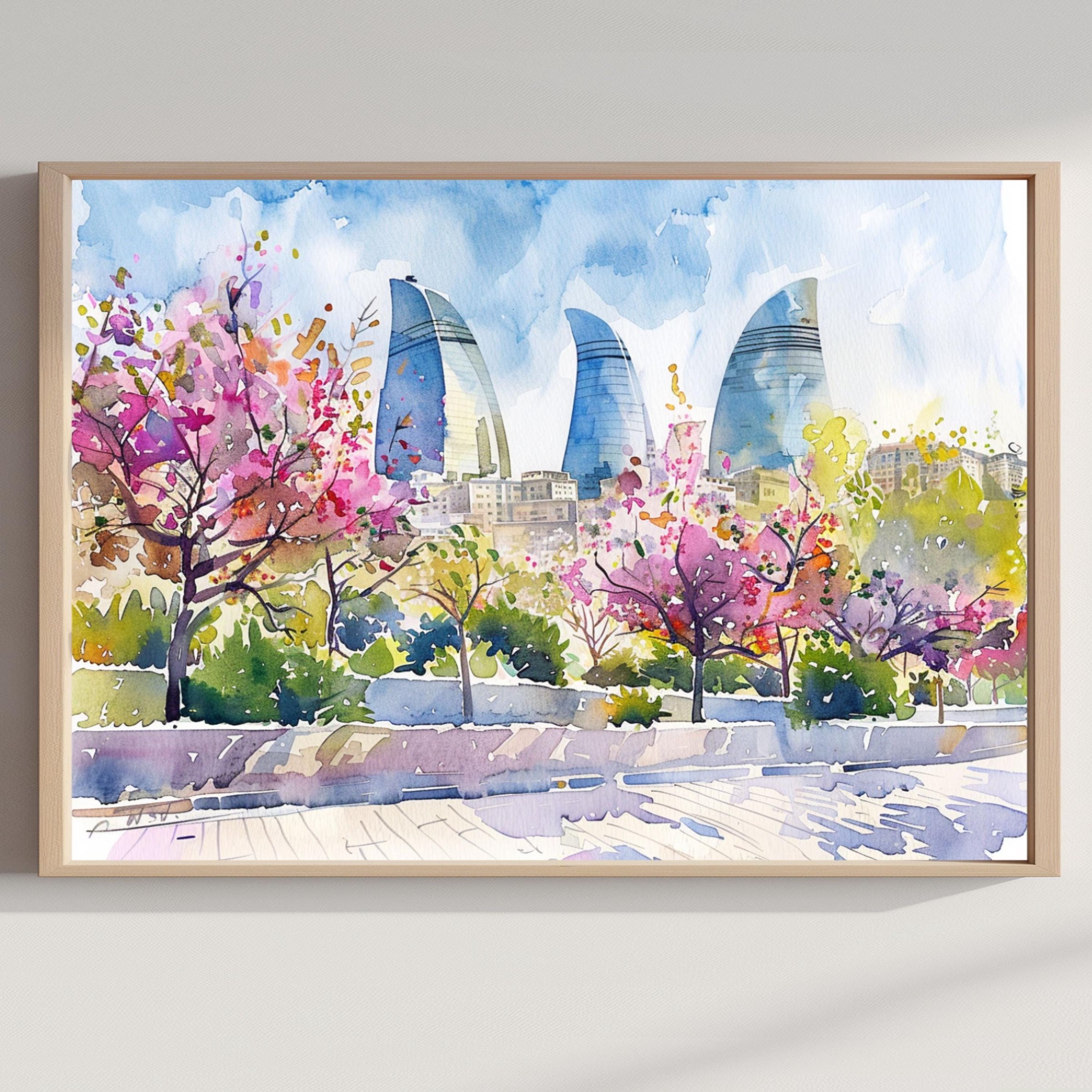 Azerbaijan Watercolor Print: Asia Travel Art Poster