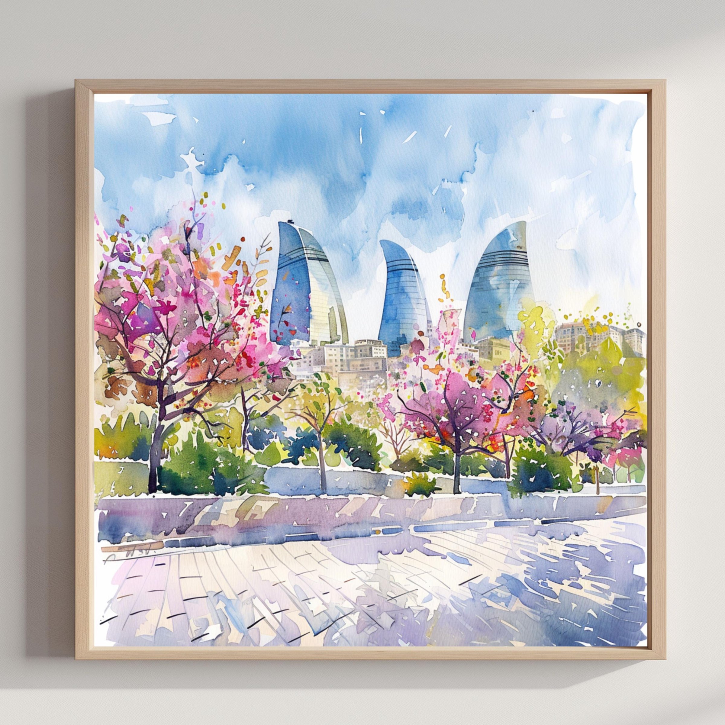 Azerbaijan Asia Watercolor Print: Square Travel Art Poster