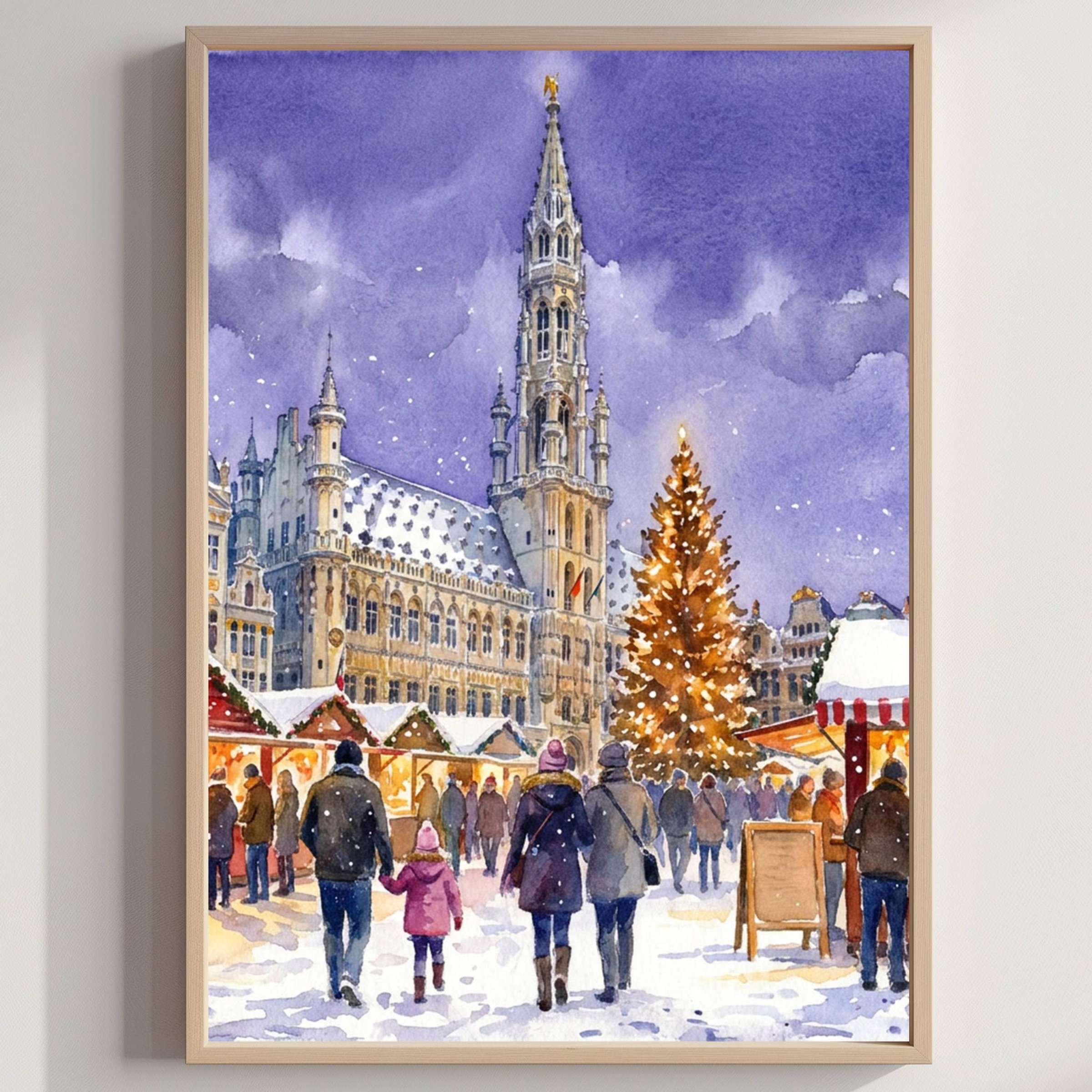 Brussels Belgium Christmas Market Watercolor Print: Christmas Travel Art Poster