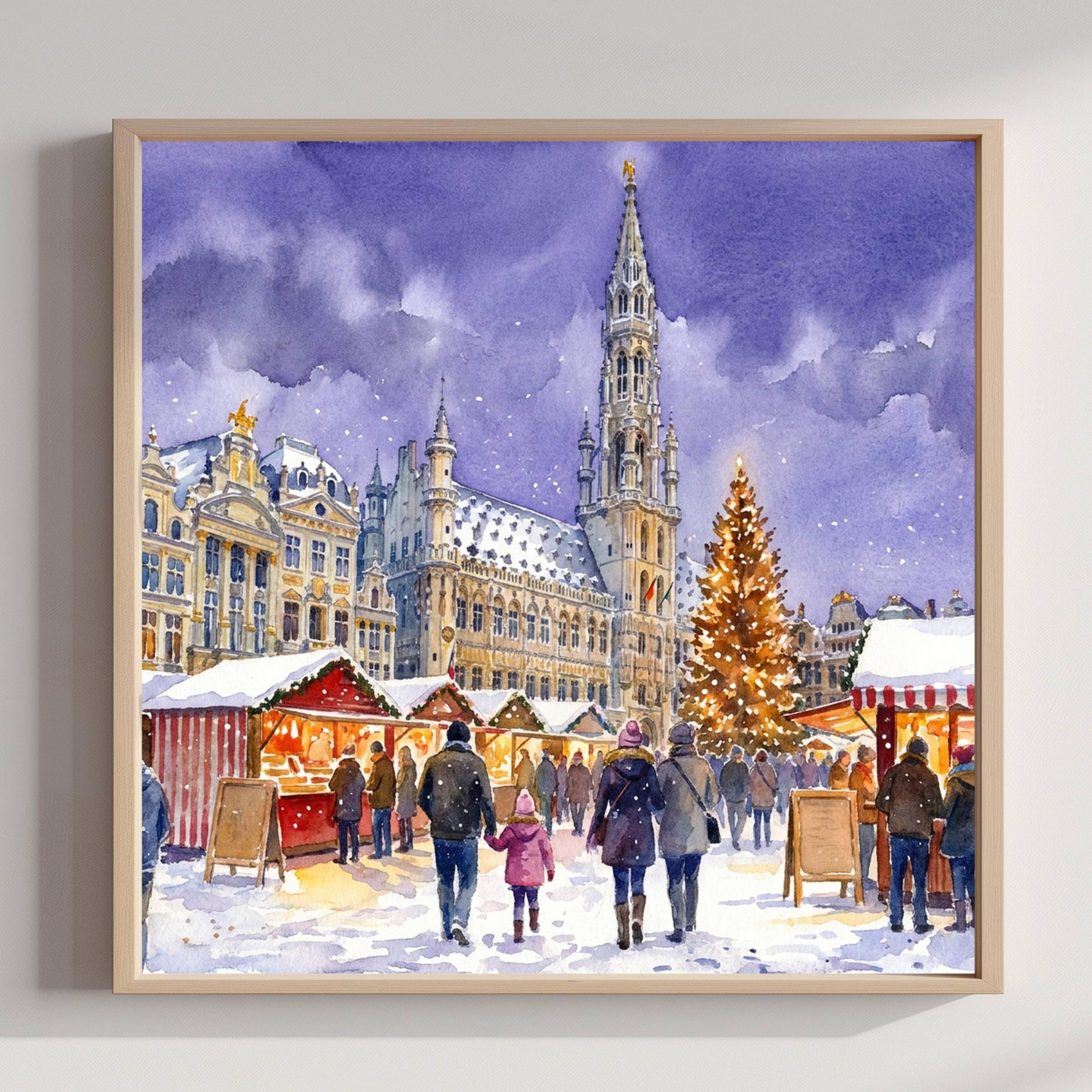 Brussels Belgium Christmas Market Watercolor Print: Square Christmas Travel Art Poster