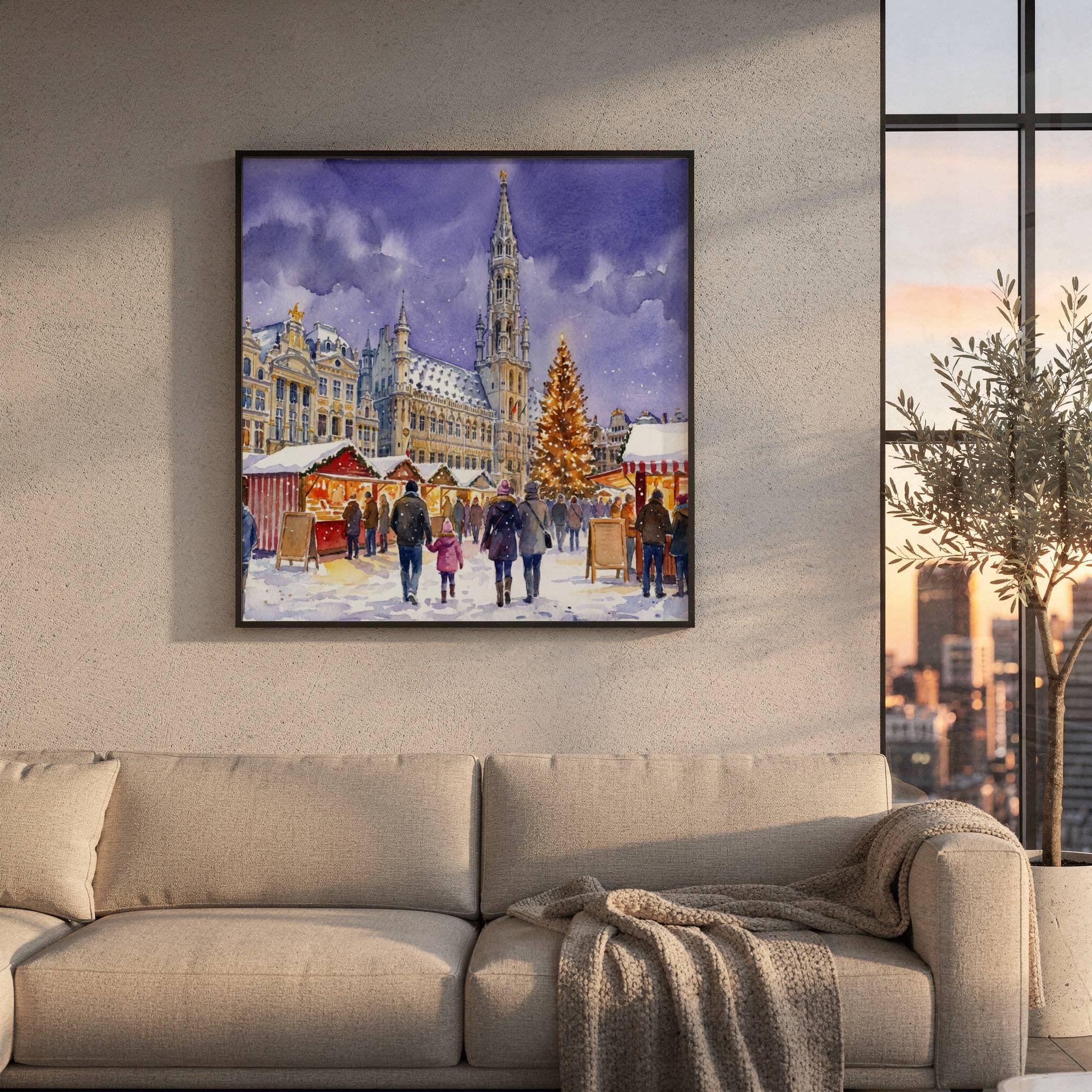 Brussels Belgium Christmas Market Watercolor Print: Square Christmas Travel Art Poster - Image 8