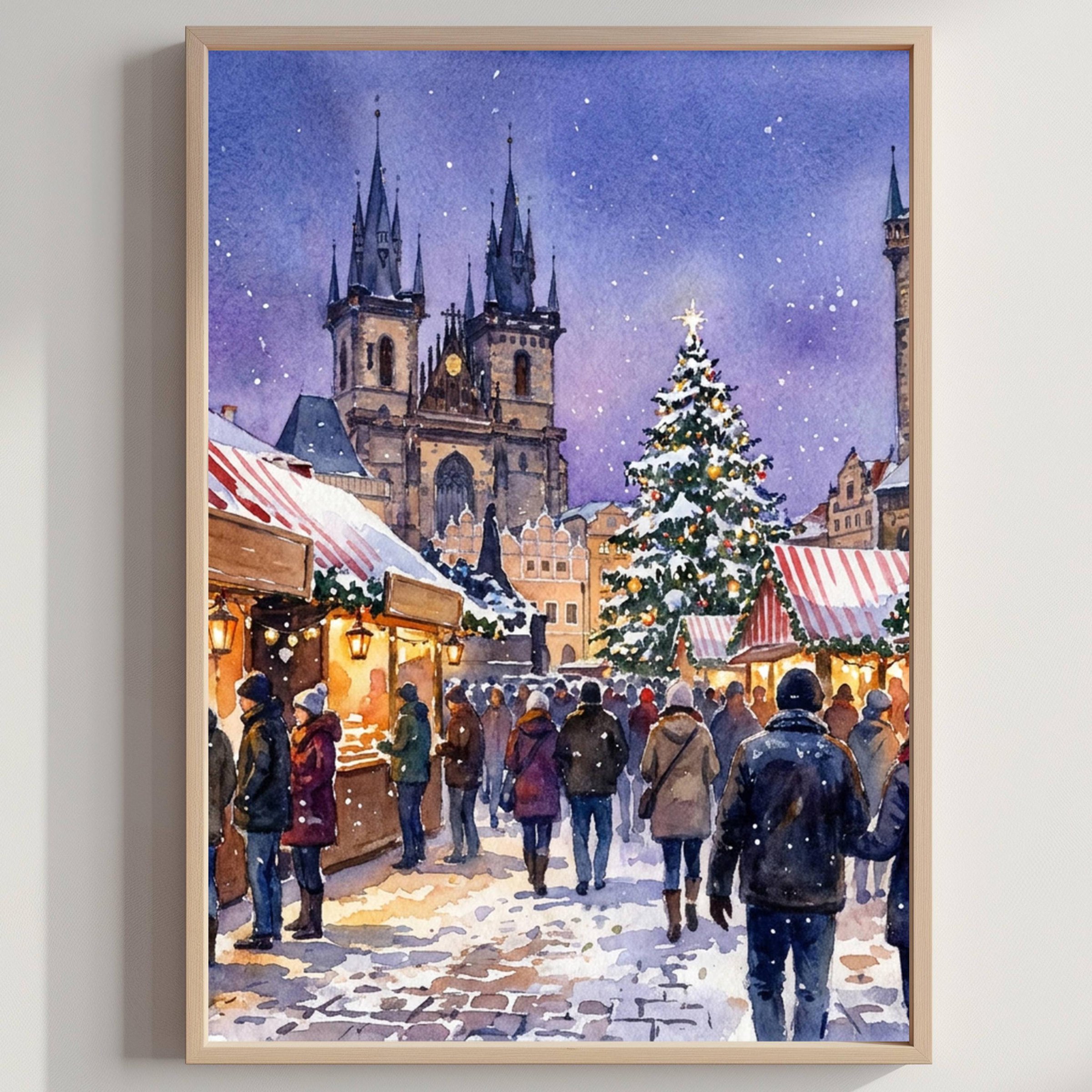 Prague Czech Republic Christmas Market Watercolor Print: Christmas Travel Art Poster