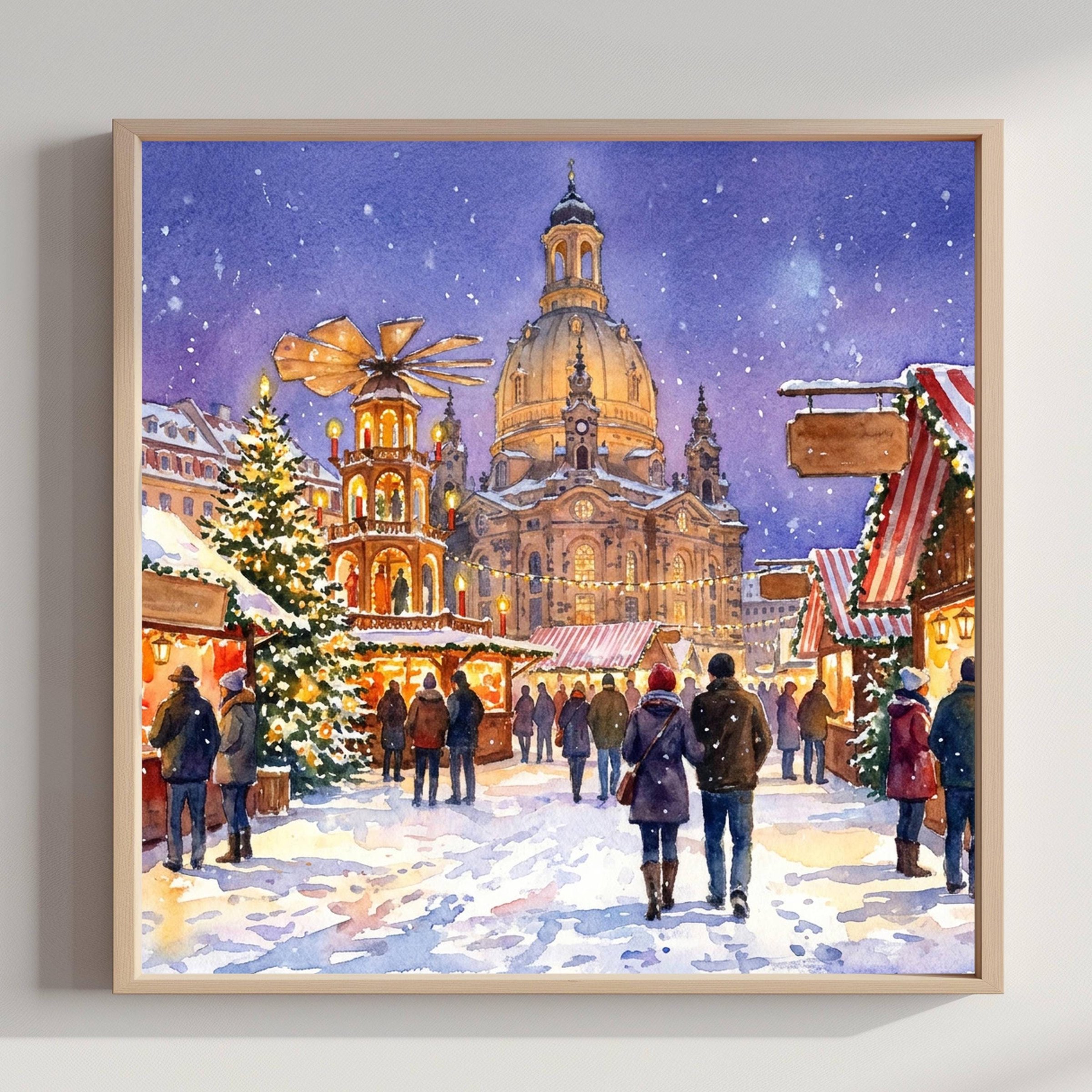 Dresden Germany Christmas Market Watercolor Print: Square Christmas Travel Art Poster