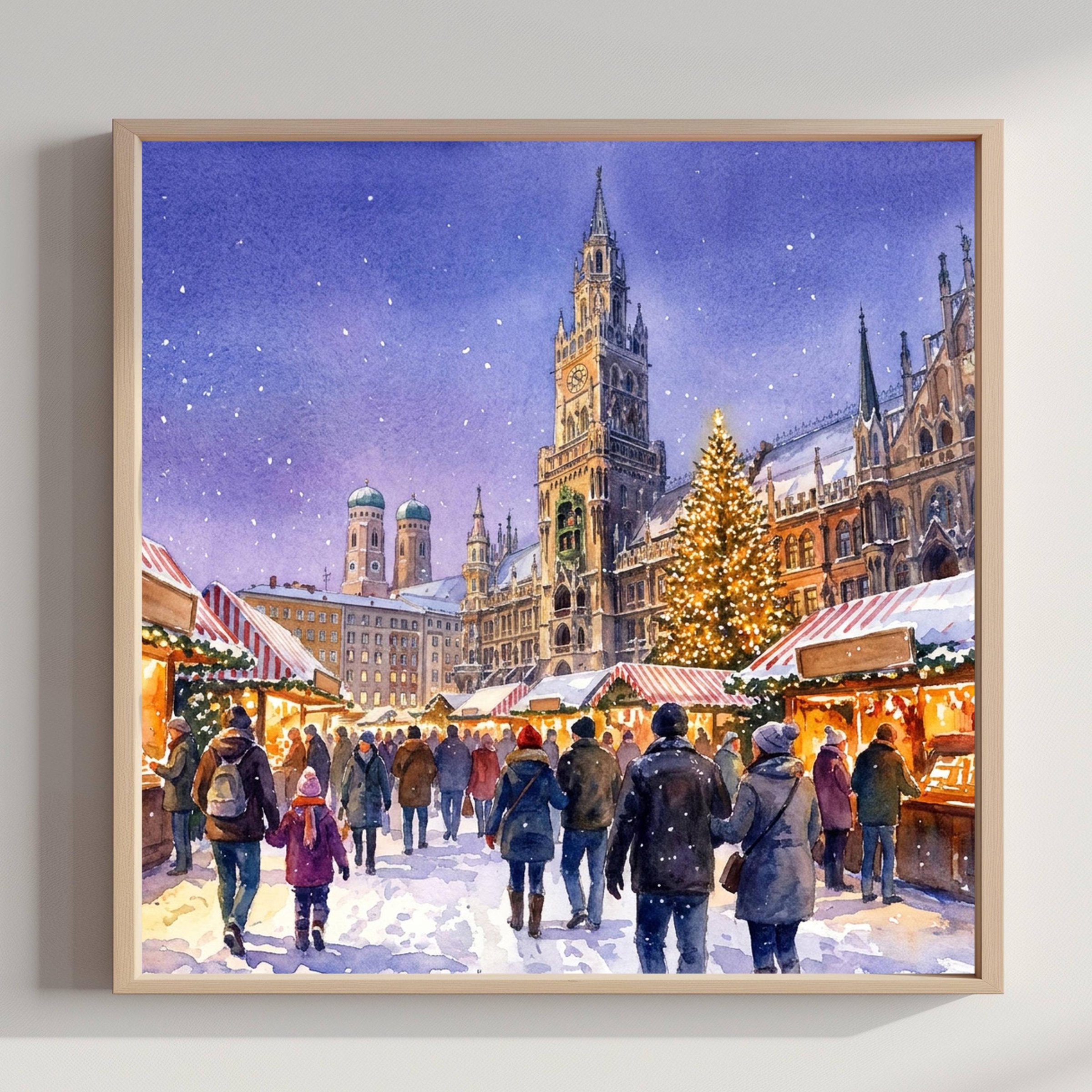 Munich Germany Marienplatz Christmas Market Watercolor Print: Square Christmas Travel Art Poster