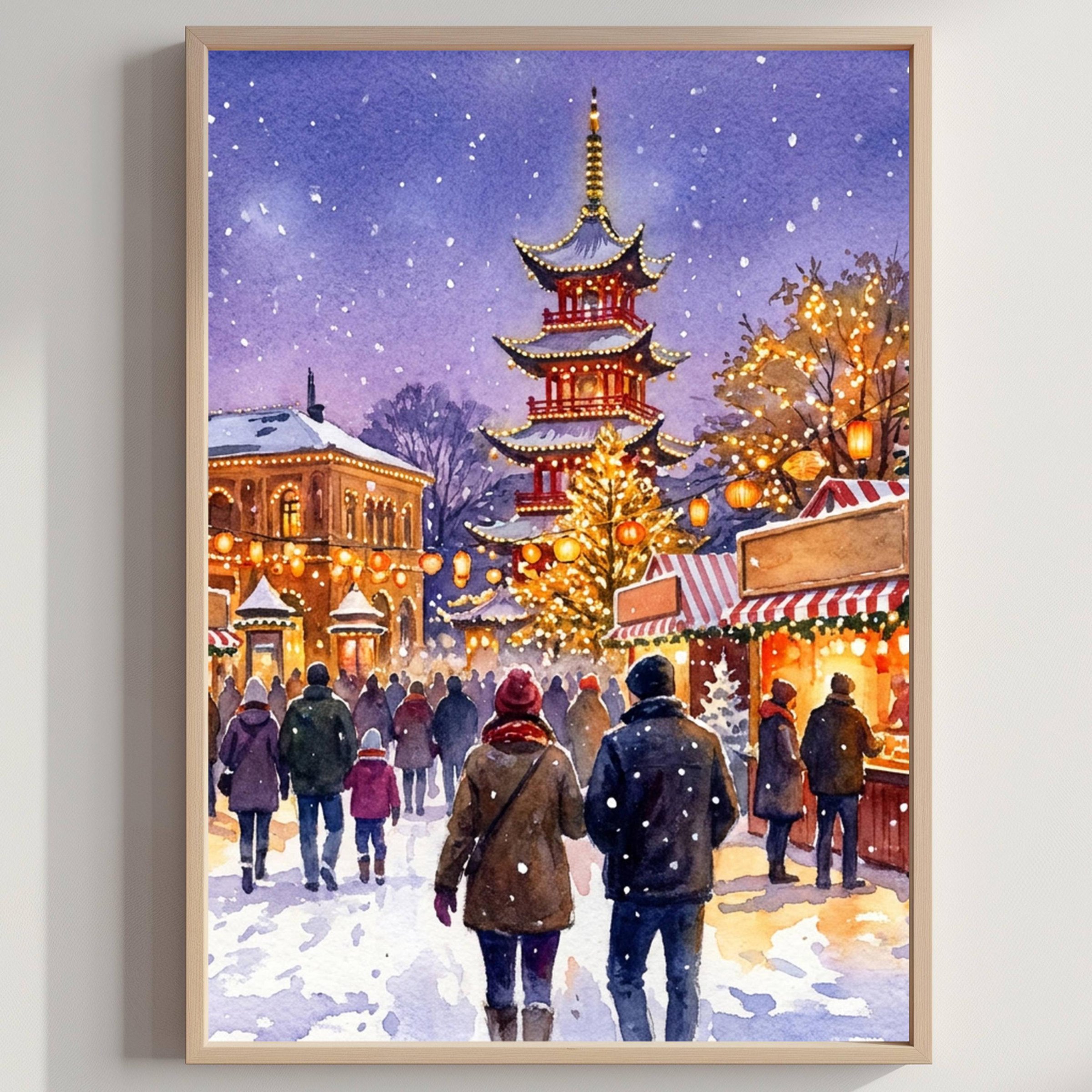 Copenhagen Denmark Christmas Market Watercolor Print: Christmas Travel Art Poster