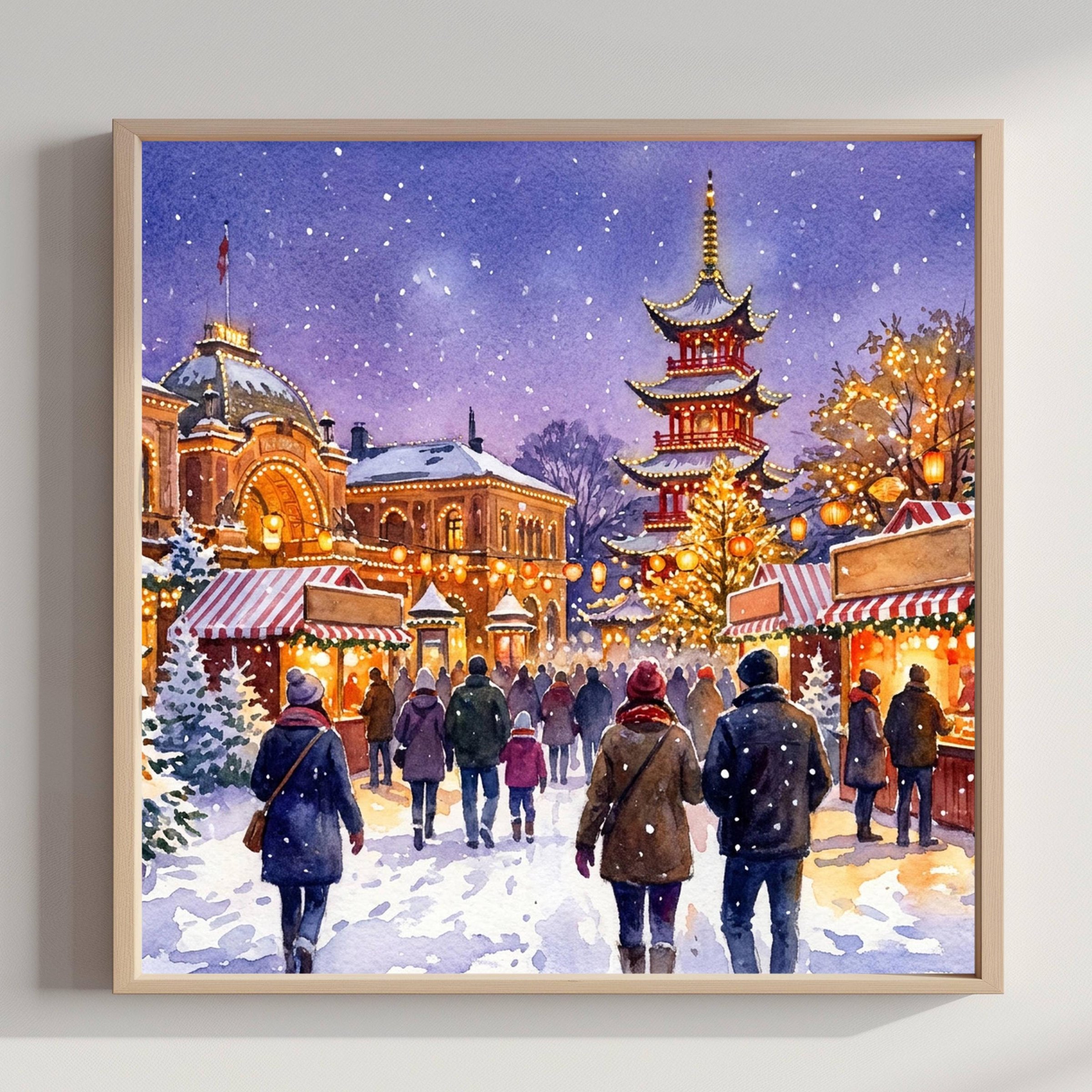 Copenhagen Denmark Christmas Market Watercolor Print: Square Christmas Travel Art Poster