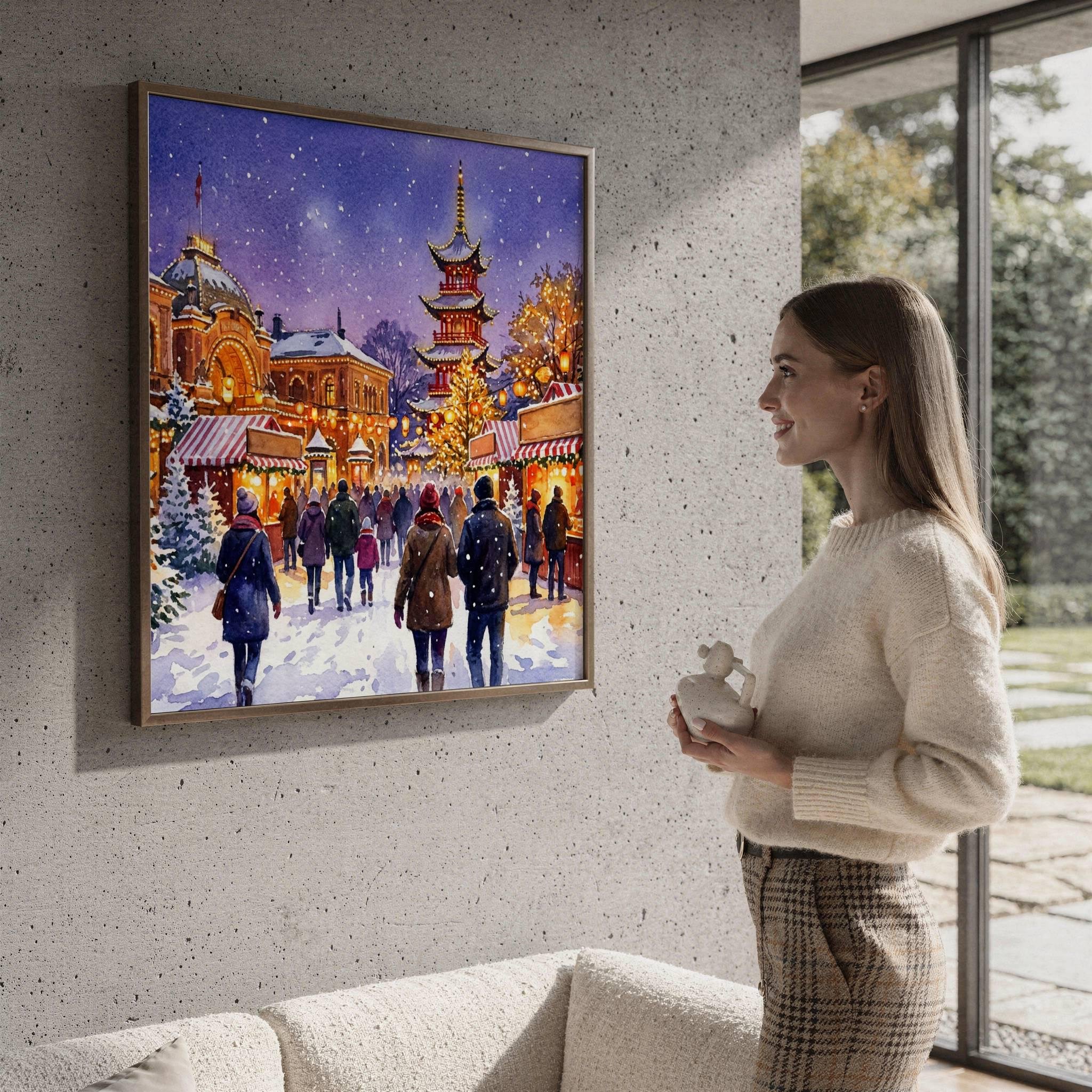 Copenhagen Denmark Christmas Market Watercolor Print: Square Christmas Travel Art Poster - Image 4