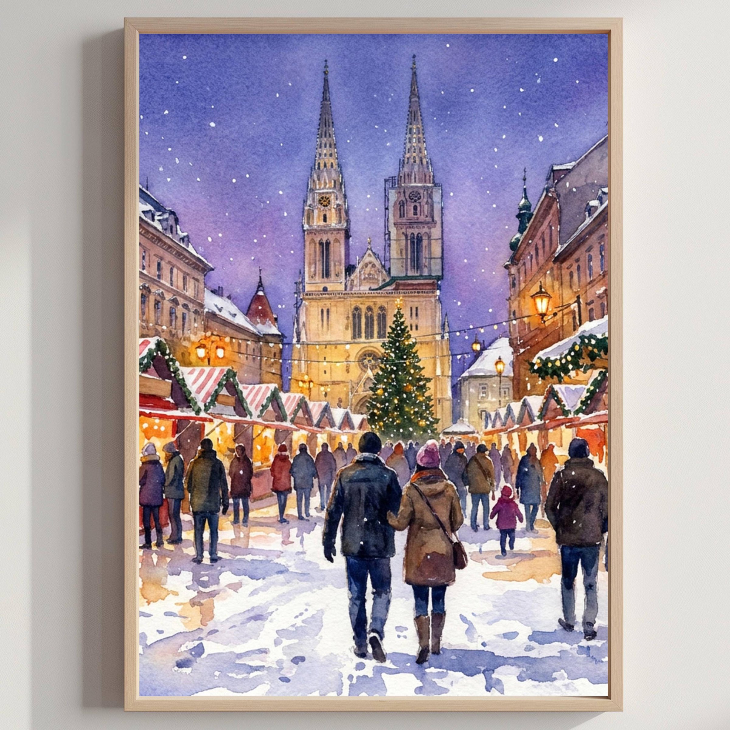 Zagreb Croatia Christmas Market Watercolor Print: Christmas Travel Art Poster