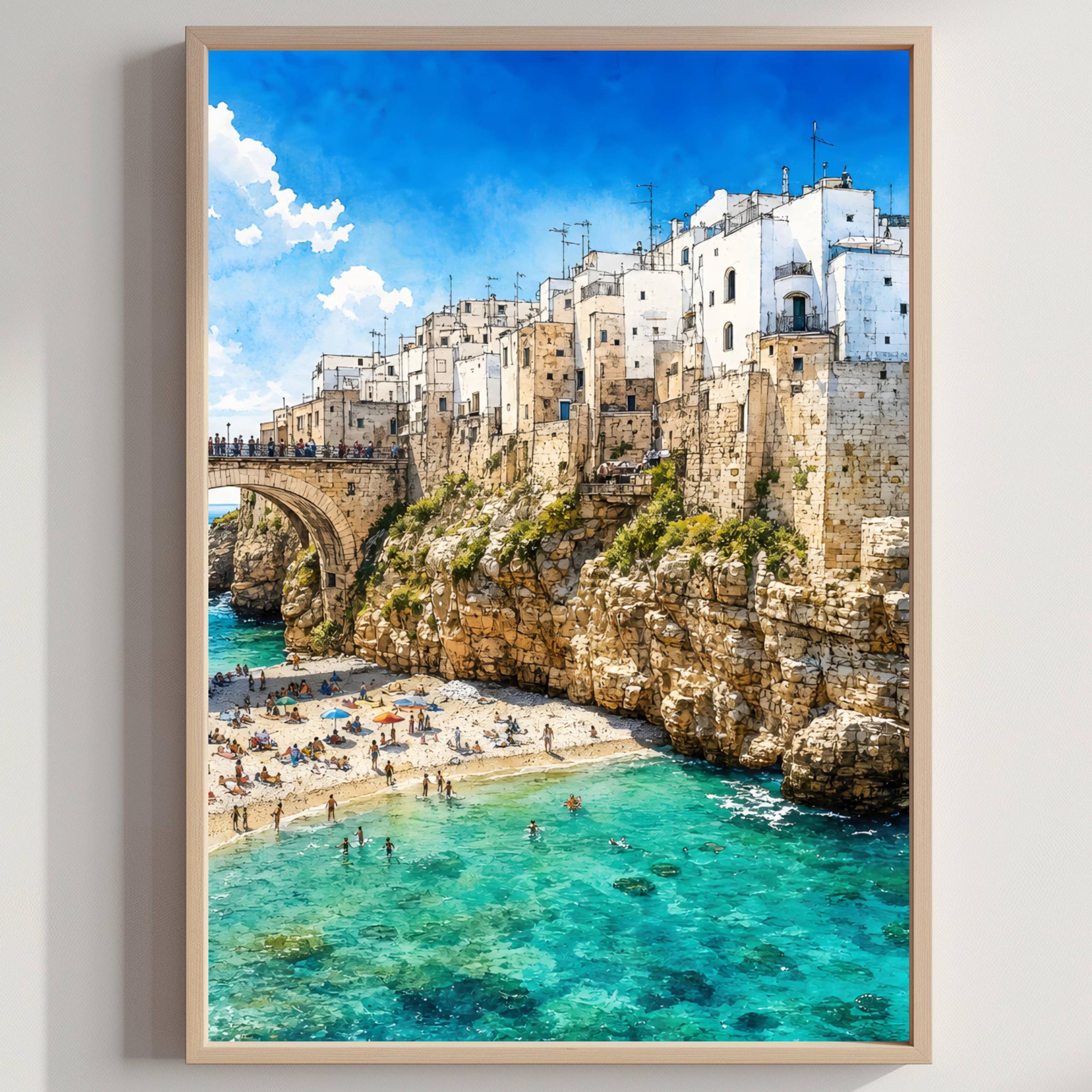 Polignano a Mare Italy Watercolor Print: Puglia Coastal Travel Art Poster