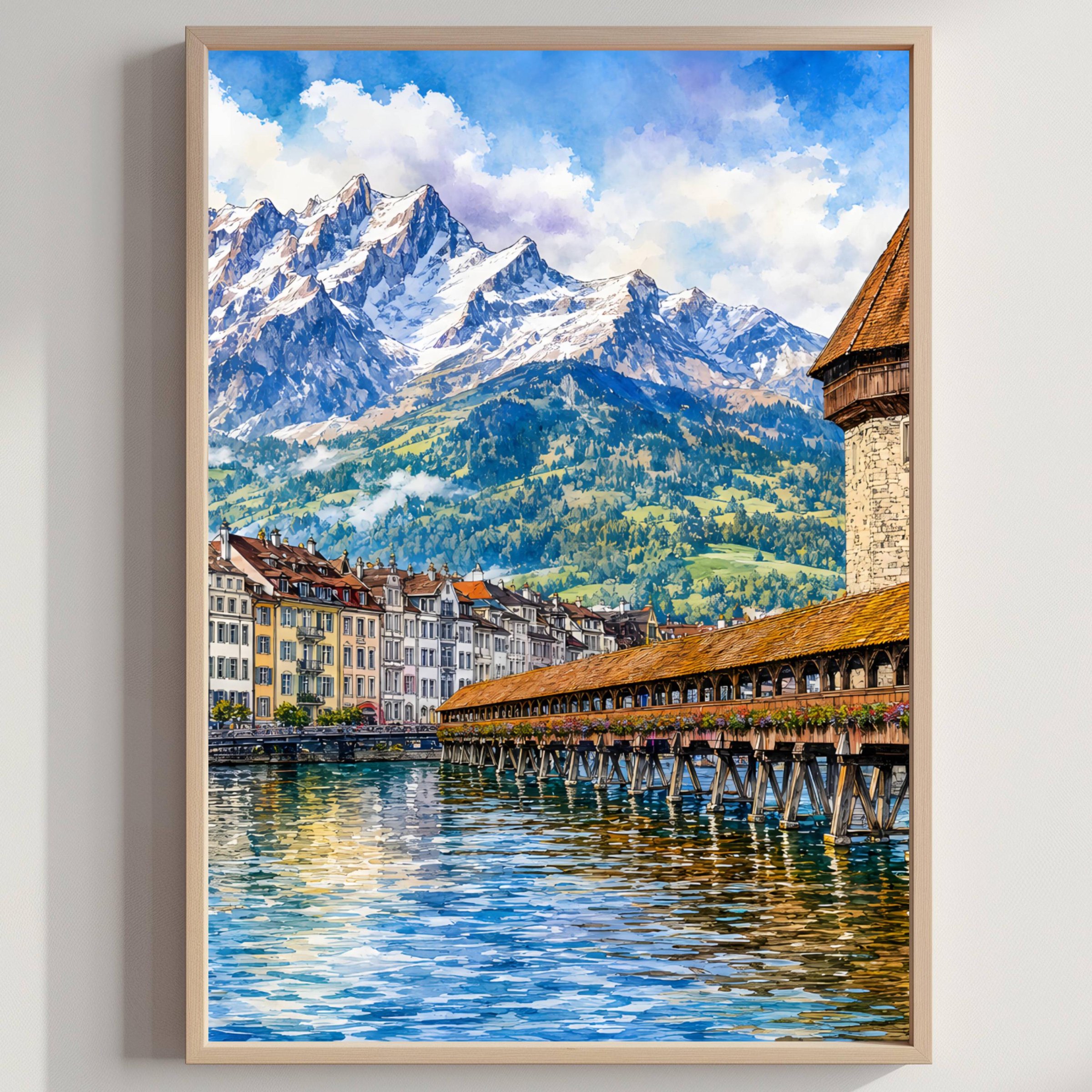 Lucerne Chapel Bridge Switzerland Watercolor Print: Swiss Alps Travel Art Poster