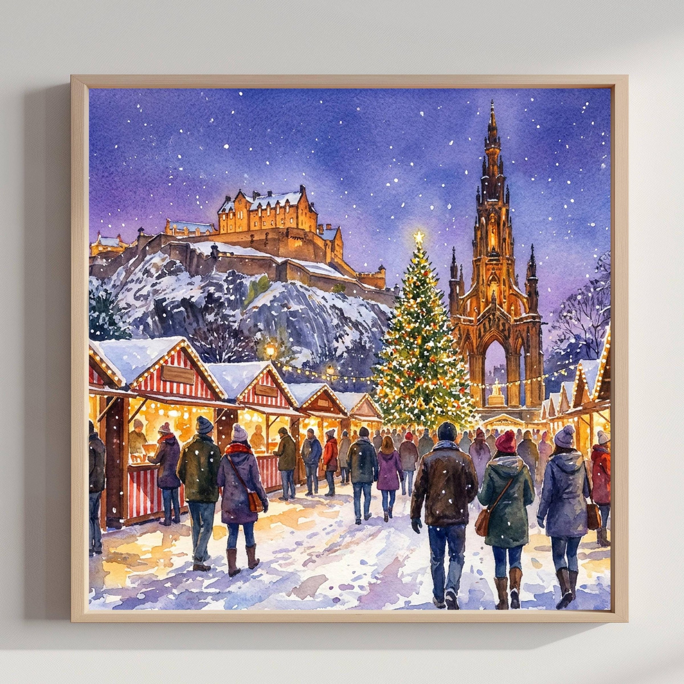 Edinburgh Scotland UK Christmas Market Watercolor Print: Square Christmas Travel Art Poster