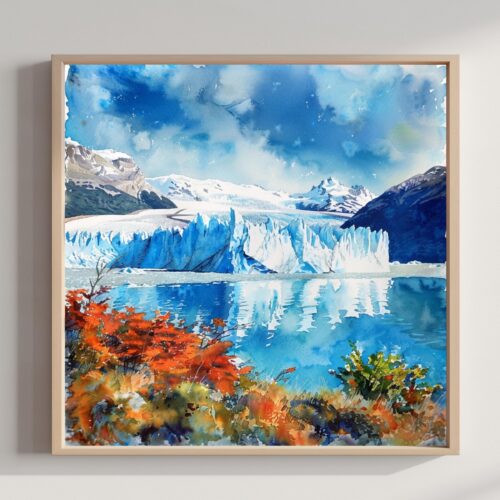 Perito Moreno Glacier Argentina Watercolor Print: Square Travel Art Poster