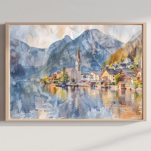 Hallstatt Austria Watercolor Print: Europe Travel Art Poster