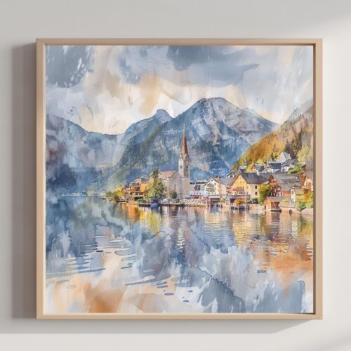 Hallstatt Austria Watercolor Print: Square Travel Art Poster