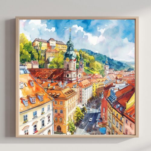 Graz Austria Watercolor Print: Square Travel Art Poster