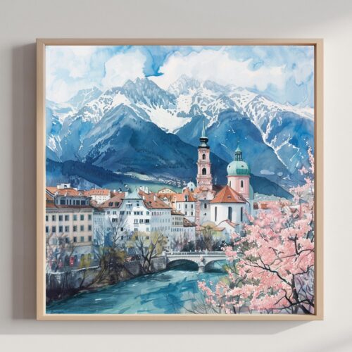 Innsbruck Austria Watercolor Print: Square Travel Art Poster