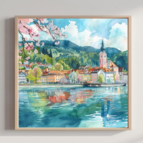 Klagenfurt am Wörthersee Austria Watercolor Print: Square Travel Art Poster