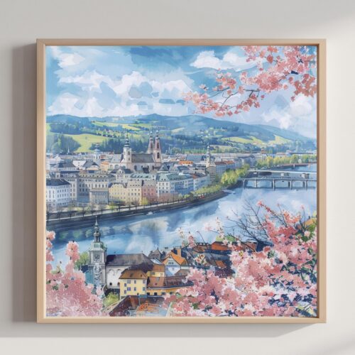 Linz Austria Watercolor Print: Square Travel Art Poster