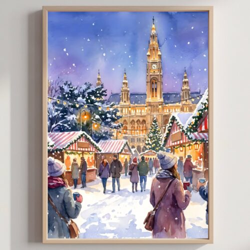 Vienna Austria Christmas Market Watercolor Print: Christmas Travel Art Poster