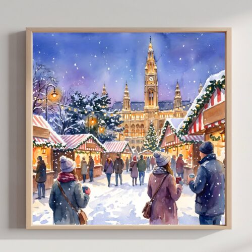 Vienna Austria Christmas Market Watercolor Print: Square Christmas Travel Art Poster