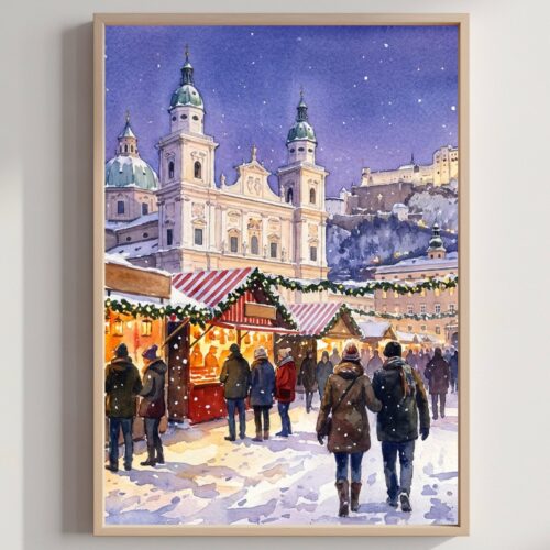 Salzburg Austria Christmas Market Watercolor Print: Christmas Travel Art Poster